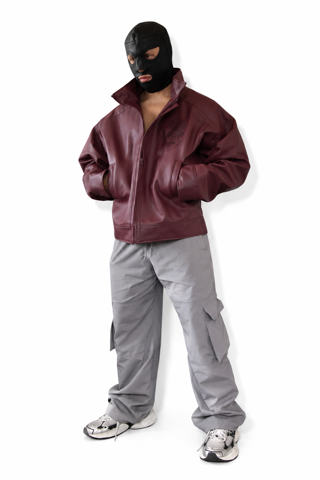 oversized monochromatic eggplant faux leather jacket