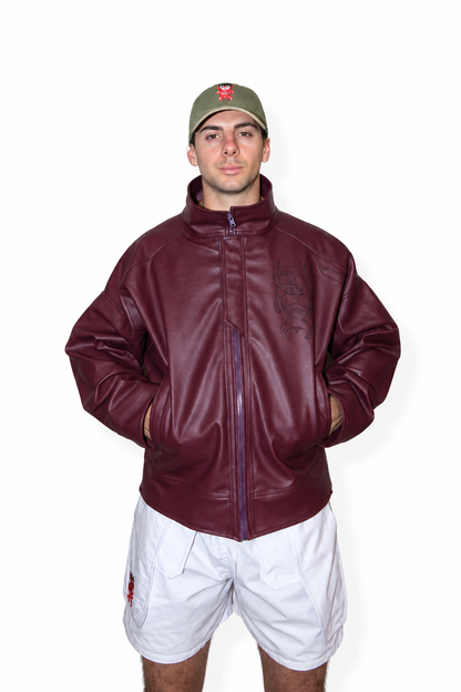 oversized monochromatic eggplant faux leather jacket
