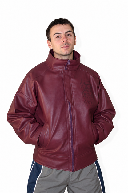 oversized monochromatic eggplant faux leather jacket