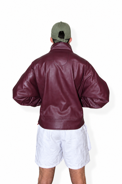 oversized monochromatic eggplant faux leather jacket