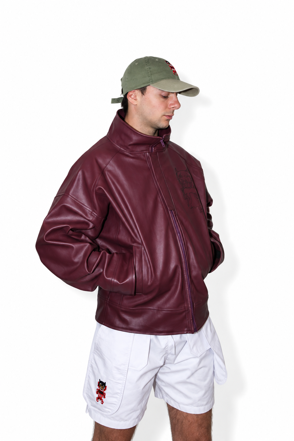 oversized monochromatic eggplant faux leather jacket