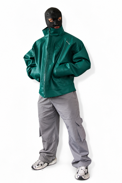 Monochromatic oversized faux leather green jacket