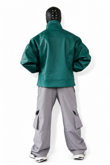 Monochromatic oversized faux leather green jacket
